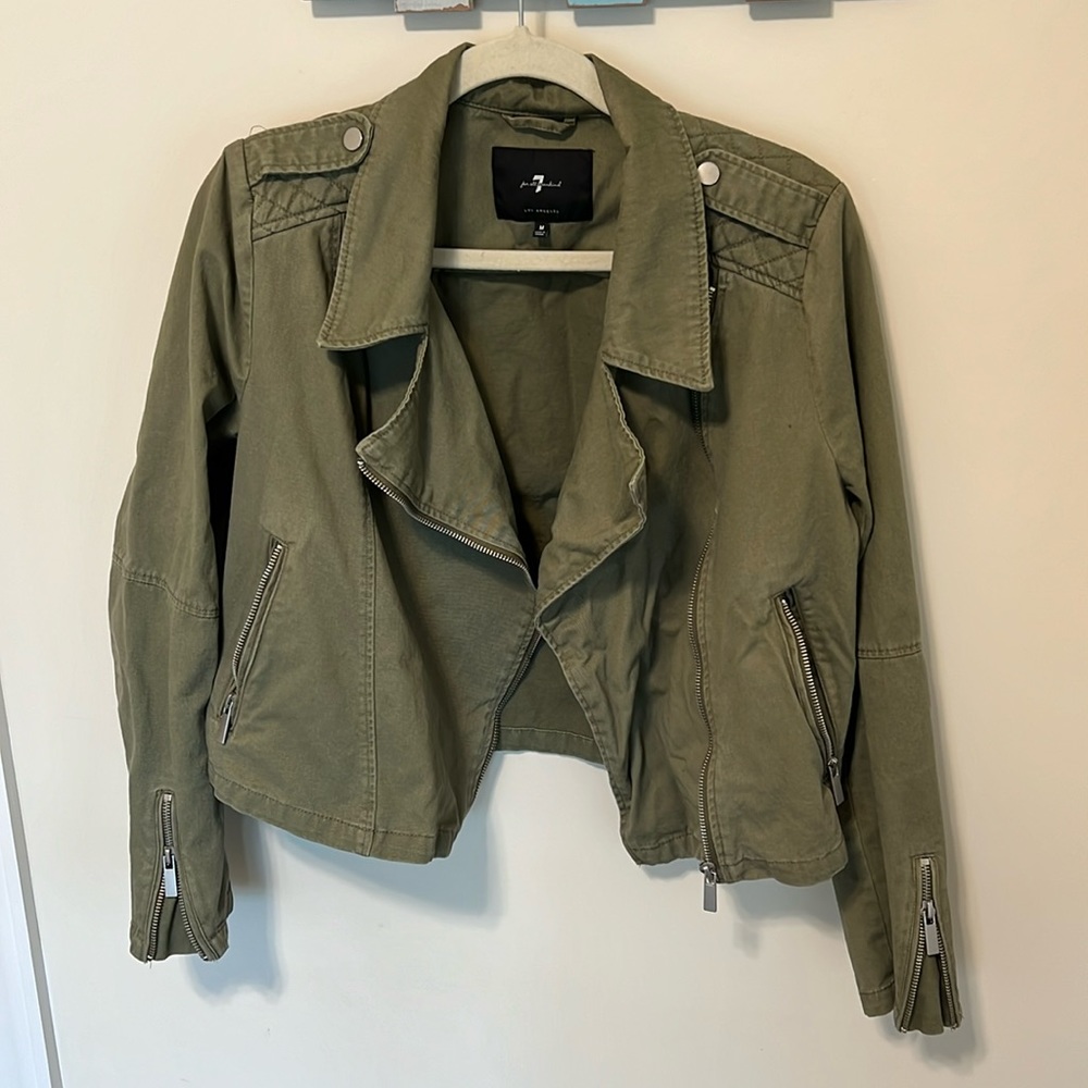 7 For All Mankind Women’s Army Green Twill Moto Style Jacket / Size M / Cotton